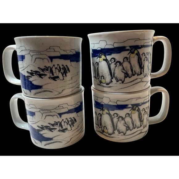 Set Of 4 Vintage Penguin Design Ceramic Coffee Mugs With Arctic Scene - 8 Oz Cap - Picture 3 of 9